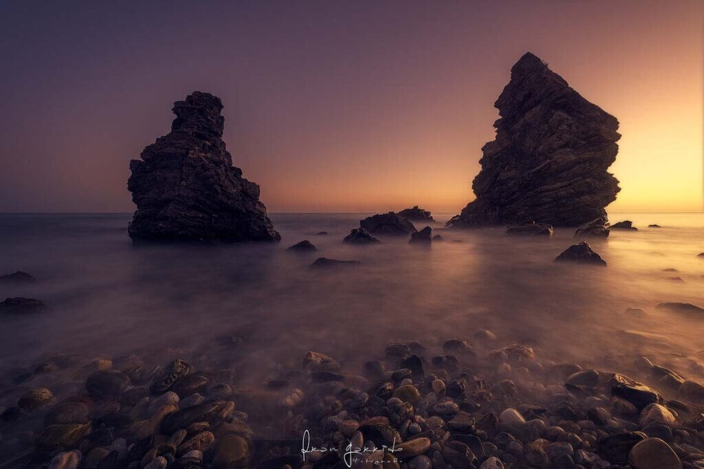 Atardecer mar playa larga exposición